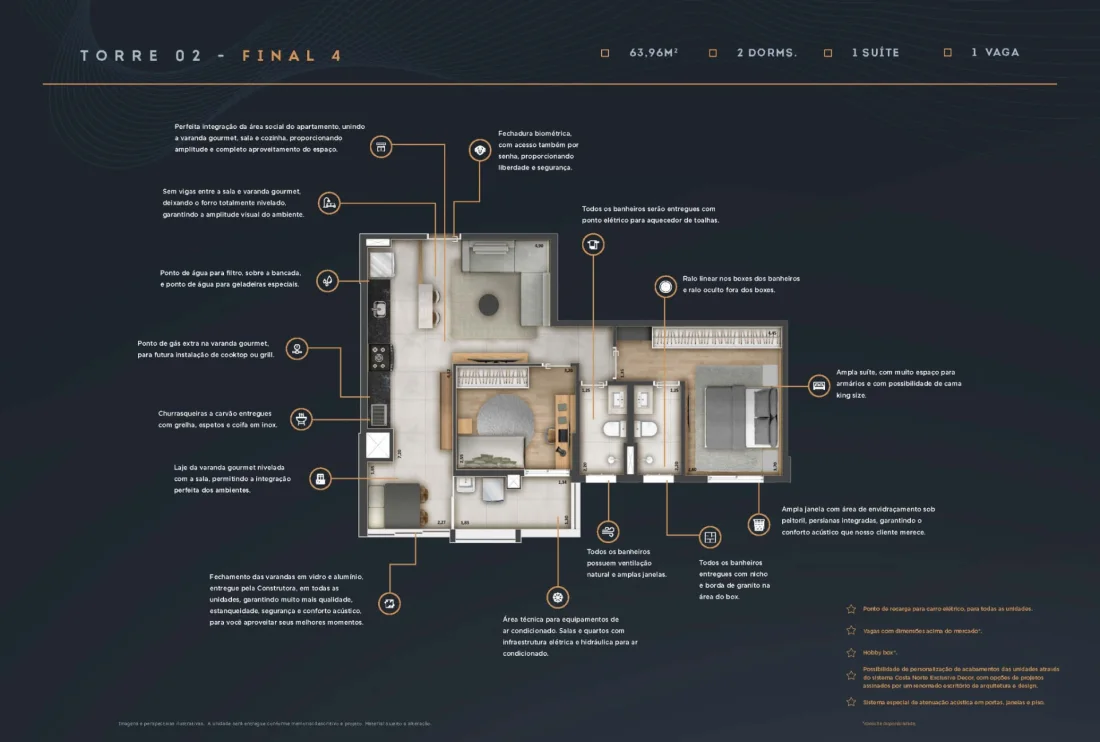 Planta 63,96 m² — Torre 02 · final 4 · 2 dormitórios · 1 suíte · 1 vaga