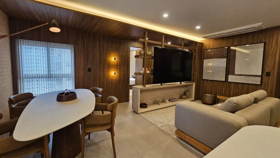 Living com sala de jantar do apartamento decorado de 83 m²